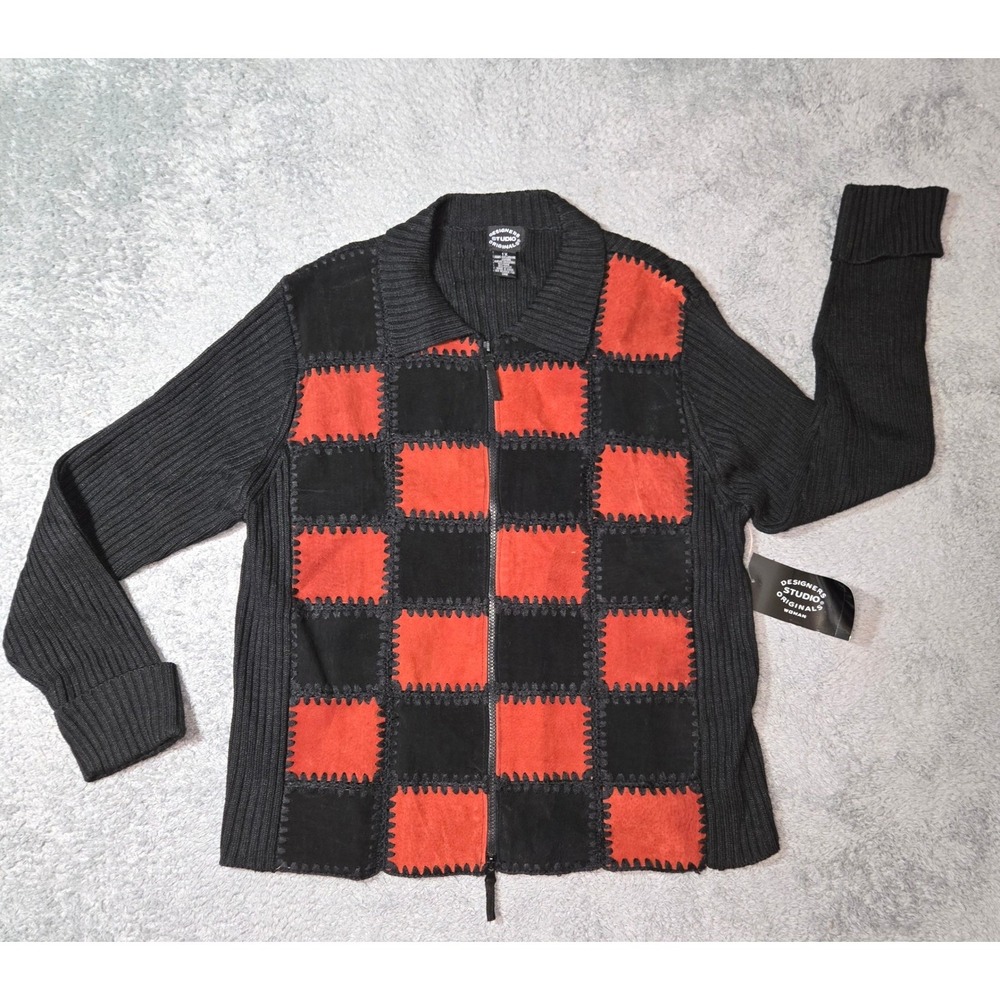 VTG Designers Studio Originals 1X  Patchwork Suede Knit Zip Sweater Jacket NWT